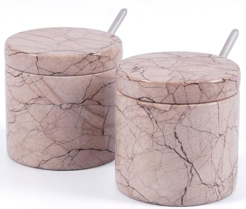 SPESHSTONES Marble Salt Cellar with Lid and Spoon Set of 2, Marinara | 3 inch, 5.2 oz each. Handmade stone salt containers for the dining table, spice jar or sugar bowl for kitchen countertop.