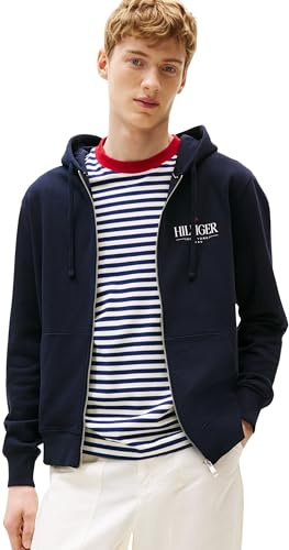 Tommy Hilfiger Stacked huvtröja med dragkedja för män i bomull, Blå (Desert Sky), S