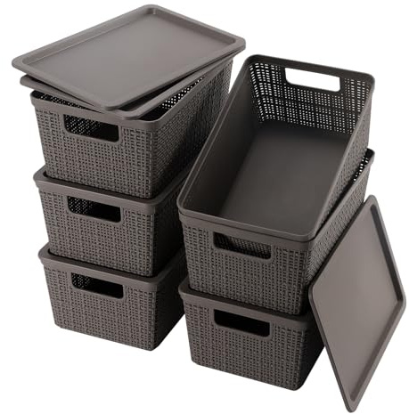 WRRLORS 6 Pack Plastic Storage Baskets With Lids,Grey Breathable Stackable Storage Bins,Small Storage Containers,for Organizing Storage Baskets on Desktops,Closets,Playrooms,Classrooms,Offices