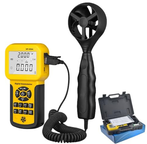 Anemómetro, anemómetro de Mano, Rueda de Viento de Seis Palas y Pantalla LCD, medidor de Velocidad de Flujo de Aire, medidor de Prueba, conexión USB y Funciones de Memoria, para medir la Velocidad
