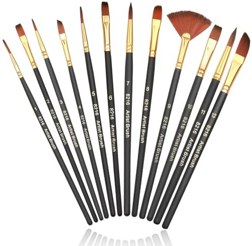 Tweozhui 12 Stück borstenpinsel Set pinselset Kinder Schwarz Acryl Feine Pinsel für Aquarell, Acryl & Ölmalerei, Vielseitige Spitzenformen, Ergonomischer Griff, Hochwertige Nylonborsten, für Anfänger