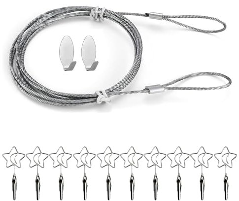 Fotoseil mit Klammern, Fotodrahtseil mit 10 Stück Metall Fotohalter Fotoleine 160cm x 2mm Fotokette Stahlseil mit Ösen und Haken zum Fotos und Kinderzeichnungen Aufzuhängen, Kartenhalter in Sternform