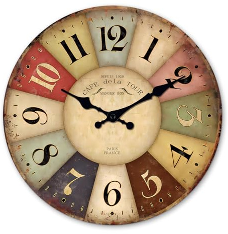 Constantplanet 16 Inch Colorful Wood Wall Clock Battery Operated | Analog Farmhouse Decorative Wall Clock for Living Room Bedroom Office Bathroom Kitchen Silent Non-Ticking