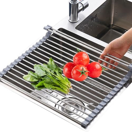 GmwyCzV Escurreplatos enrollable de acero inoxidable, plegable y extraíble, escurridor de platos, escurridor para utensilios de cocina, frutas y verduras (43 x 36 cm, gris)