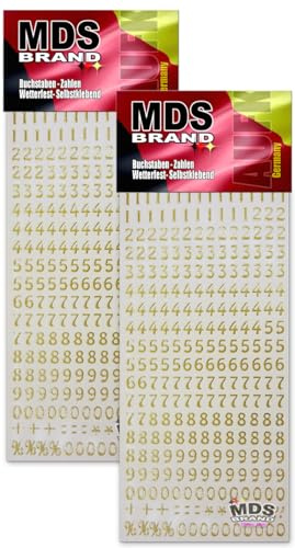MDS Brand 8mm Zahlen Aufkleber Gold 0-9, Schriftgröße ca. 8 mm, selbstklebend, wetterfest, klein, Nummer Ziffer Klebezahlen Sticker Hausnummern aus Folie zum Aufkleben (2, Zahlen-Gold)