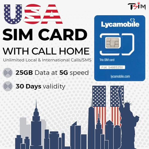 USA SIM-Karte für Reisen – 25 GB 5G-Daten, Unbegrenzte lokale & Internationale Anrufe/SMS | 30-Tage Prepaid-Tarif | Hotspot/Tethering erlaubt – Kostenlos nach Hause telefonieren!