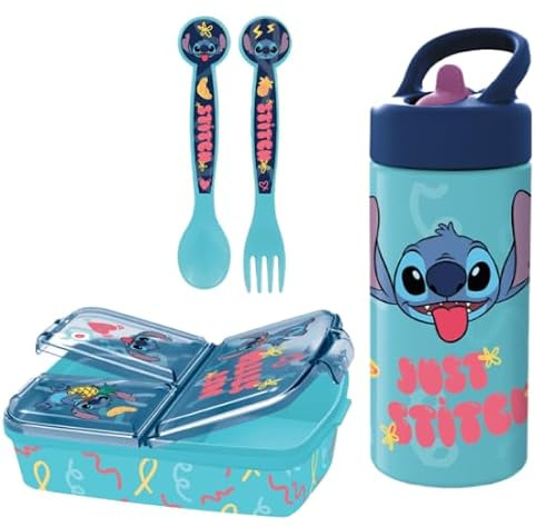 Set Scuola Stitch bambino - Portapranzo 3 Scomparti, Posate e Borraccia 410 ml, Pranzo e Merenda, Ideale per Bambini e Fan Disney