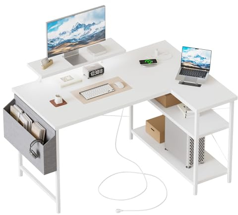 Mericonia Corner Desk, w. Monitorstand & Built-in Socket, 100x70cm, White | Reversible L-shaped desk w. Bag, Height-adjustable Shelf, with Power Outlets & Led, Gaming computer desk for home & office