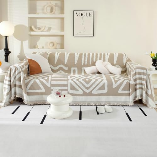 OstepDecor Sofa Überzug Bohu Chenille Sofabezug, Couch Überzug 1/2/3/4 Sitzer, Kratzfest Hund Katze Sofa Cover, rutschfest und babyfreundlich, Sofaüberwurf (Boho-Kaki 180 x 300 cm)