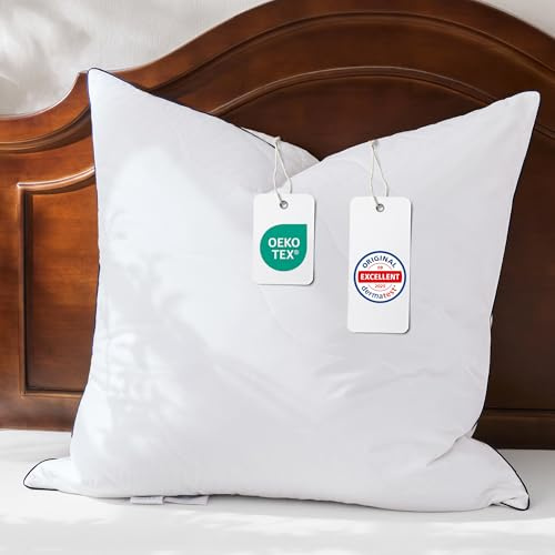 DOWNFOCUS Kopfkissen Gänsefederkissen,Kissen mit Gänsefederfüllung, Ergonomisch optimiert Nackenstützkissen, 80X80cm Kissen 1er Set mit Bezug aus 100% Baumwolle Extra-Baumwollfüllung