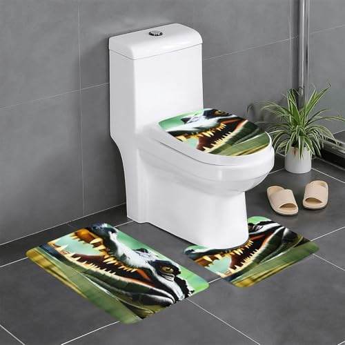 WHJSSF Crocodile Open Mouth Picture Bathroom Anti Slip Quick Drying Three Piece Set, Slip Quick Drying Durable Shower Bath mat