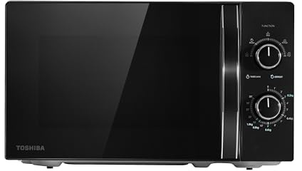 TOSHIBA Black Mirror Front Microwave 20 Liter 700W Manual Control, Compact with 5 Power Levels, Automatic Defrost, Perfect for 9'' Pizza, Clock and Timer, Easy Clean, MW2-MM20PF(MB)