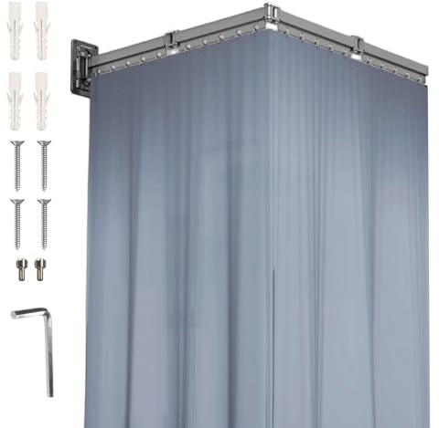 Barra de cortina de ducha plegable con cortina de ducha (1,5 x 1,8 m), con agujeros, barra de cortina de bañera montada en la pared, cortinas de ducha impermeables ajustables, forma de escalera L