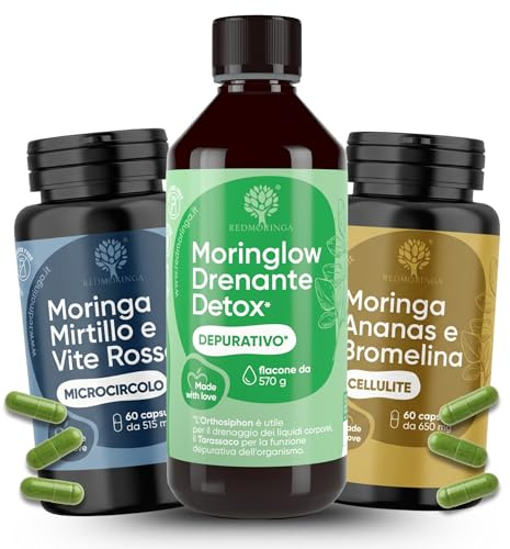 Trattamento Naturale Detox Gambe Leggere 3 in 1 | Drenante Liquido Moringlow, Bromelina 5000 GDU, Mirtillo Nero e Vite Rossa con Moringa BIO | Contro Gonfiore, Cellulite, Gambe Pesanti – RedMoringa
