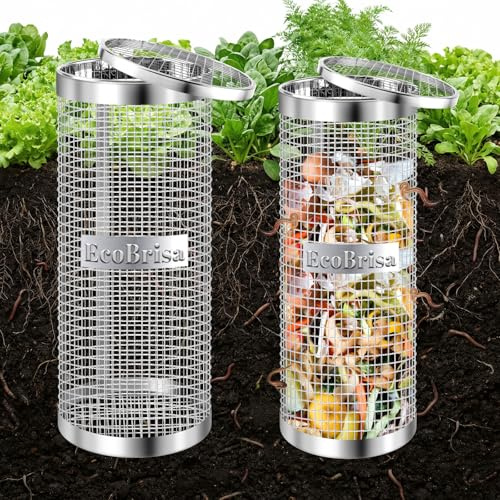 EcoBrisa Underground Worm Composting Bin, Metal Compost Bin for Recycling Kitchen Food Waste, Outdoor Worm Compost Bin with Holes and Lid Use in Outdoor Garden Vegetable Patch Backyard (Silvery 2pcs)