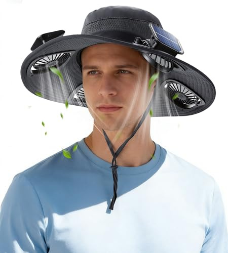MOWETOO Solar-Lüfterhut mit 4 abnehmbaren Lüftern, Angelhut mit breiter Krempe für Damen und Herren, USB-Aufladung, Sonnenhut für Outdoor-Aktivitäten wie Wandern, Gartenarbeit und Angeln