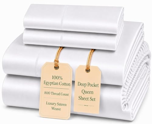 800 Thread Count Queen Sheet Set,100% Egyptian Cotton Sheets Queen Size Bed Set, Silky Sateen Weave White Sheets, Ultra-Soft Durable Hotel Luxury Bed Sheets with 15 Snug Fit Deep Pockets-White