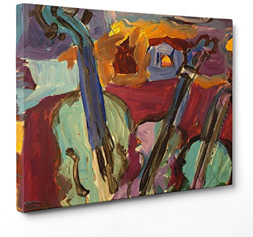 Bild auf Leinwand, gerahmt, fertig zum Aufhängen, Jazz-Saxophon, Bass, Violine, Kontrabass, Illustration, Öleffekt, 50 x 70 cm, ohne Rahmen