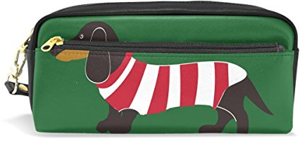 Domoko Stifte-Etui mit grünem Dackel-Hund, gestreift, PU-Leder, für Make-up, Kosmetik, Reisen, Schultasche