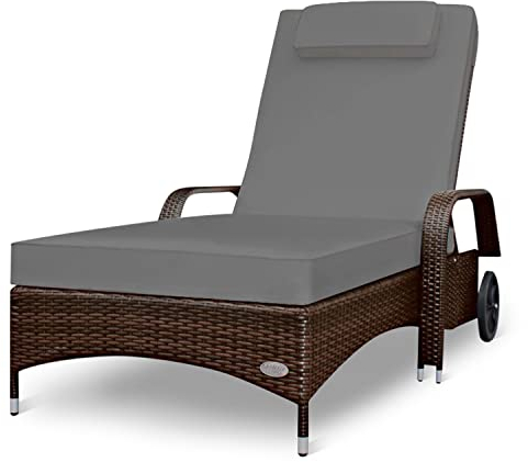 RS Trade Sonnenliege Imola Java Braun/Grau - Outdoor Liege mit beständigem Poly-Rattan-Geflecht - verstellbare Rückenlehne & breite Liegefläche - inkl. Kopfteil und Auflage