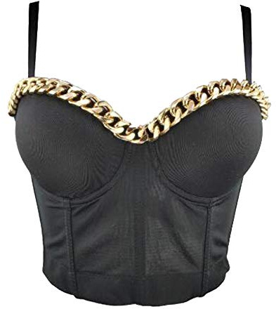 Woboren Damen Push Up Bustier Crop Top Gothic Punk Kette Korsett Clubwear BH with Detachable Strap