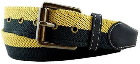 TigerTie hochwertiger Stoffgürtel mit Edelstahl Schnalle und echt Leder Applikationen in gelb schwarz zweifarbig. Gürtelbreite 40 mm, Bundweite 100 cm