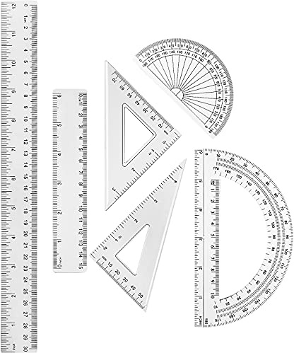 Tenare 1 Set Plastic Clear Math Set Includes Protractor Triangle Rulers 12 Inch 6 Inch Straight Geometry Math Transparent Ruler Measuring Tool for School Office Home Supplies(Clear)