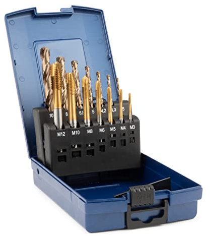 GSR Gewindebohrer Set Silver 14-teilig, Maschinengewindebohrersatz + Kernlochspiralbohrer, DIN 2184-1 (DIN 371/376), Form B, HSSE-TiN, Metrisch M3-M12, HSSE Spiralbohrer, In Stabiler Kassette