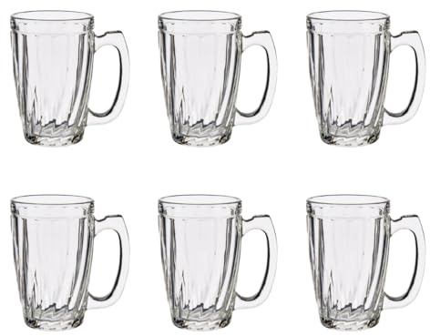 Rammento 340ml Clear Glass Ale & Beer Tankard Glasses with Handles Set of 6 | 12 x 8 cm Glass Mugs for Hot & Cold Drinks | Beer/Turkish Tea Glasses | Set of 6 Drinking Glasses | Dishwasher-Safe Glassware