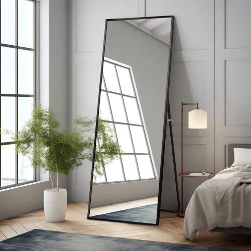 NeuType Full Length Mirror, 64x21 Body Mirror with Stand Floor Standing Wall-Mounted Hanging or Leaning Against Wall Aluminum Alloy Thin Frame (Black)
