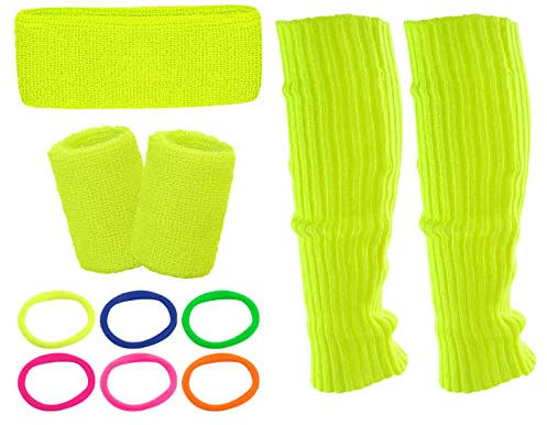 WDFCN 80er Jahre Neon Beinwärmer Set Enthalten Legwärmer Strümpfe,Schweißbänder Set und Haarring für Die Meisten Frauen (Gelb)