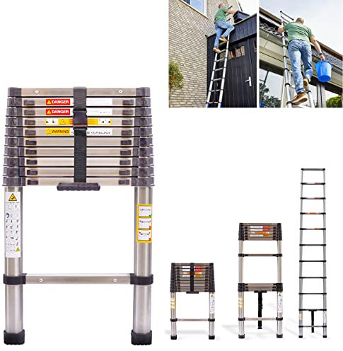 Telescopic Folding Ladder 3.2M/ 10.5FT Multi Purpose Collapsible Loft Ladders, Portable Stainless Steel Ladder Heavy Duty Sturdy Straight Ladders