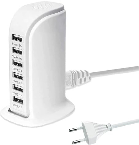 30W Multi-USB Laddningsstation - 6 Portar Stationär Laddare, Vägguttag Hub för Telefoner, Surfplattor (Vit)