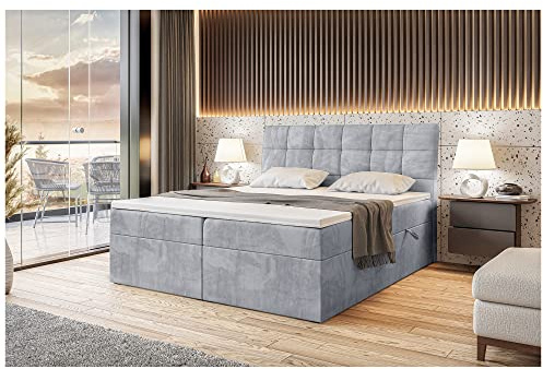 MEBLINI Boxspringbett mit Bettkasten - Gepolstert Doppelbett mit Matratze und Topper - Polsterbett mit Stauraum - Bett mit Kopfteil - Stauraumbett - Drago - 180x200 - H4/Hellgrau Samt