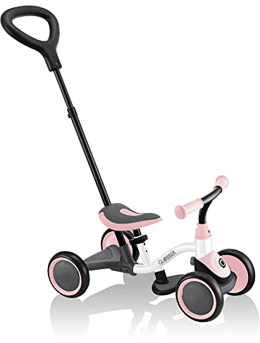 GLOBBER – LEARNING BIKE 3IN1 | 3-in-1 Laufrad für Kinder zwischen 12 und 36 Monaten mit verstellbarem Sattel und Schubstange, belastbar bis 20kg. Umbaubar von 4- auf 3-Räder | Farbe: Pastellrosa