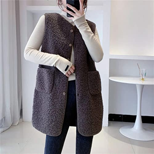 SUBX 2022 Winter Lange Weste Jacken Lammwolle Verdicken Weste Frauen Button Up Einreiher Tasche Oberbekleidung Ärmelloser Mantel Garment-Brown,L