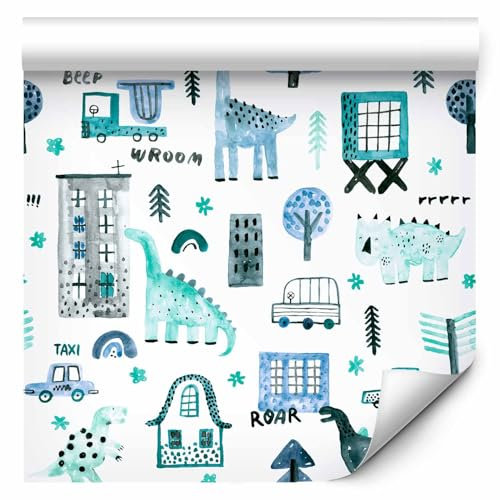 murando PREMIUM Vlies Tapete Deko Panel Fototapete Kinderzimmer Wanddeko 10 m Tapetenrolle Mustertapete Wandtapete modern design Dinosaurier Dino für Kinder Junge e-B-10007-j-a