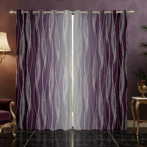 Homewish Purple Grey Curtains & Drapes 46 Wx72 L Geometric Ombre Window Curtains Aesthetics Silver Wavy Striped Blackout Curtains Abstract Gradient Window Treatments 2 Panels Room Decor