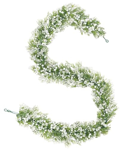 Dolicer 2 Pcs Babys Breath Artificial Flowers Vines, Faux White Hanging Baby Breath Garland, Real Touch Fake Babys Breath Gypsophila for Wedding Party Backdrop Wall Home Decor