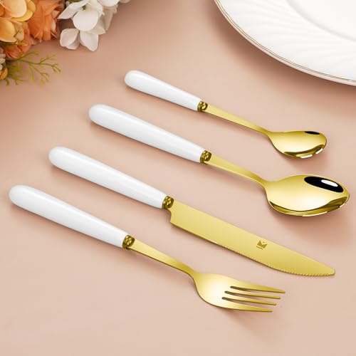 SensiSel 16pc Cutlery Set with Coloured Handles (White & Gold) - Dishwasher Safe - Gift Boxed