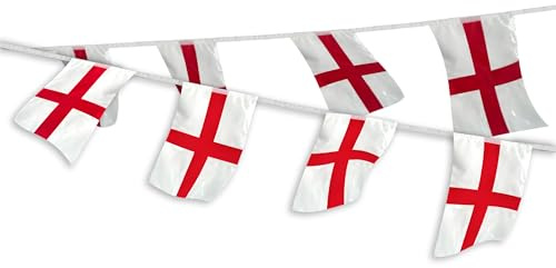 St George’s Cross Bunting 14 x 21cm flags 5m 15 flags, White and Red