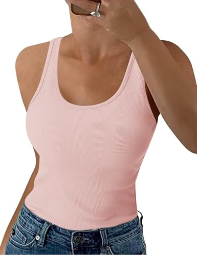 Aottori Canotta Estiva Donna Canottiera Senza Maniche Elegante Tank Top con Collo Rotondo Cotone Camisole Basic Slim Fit Sottogiacca a Maglia Casual Sexy Rosa M