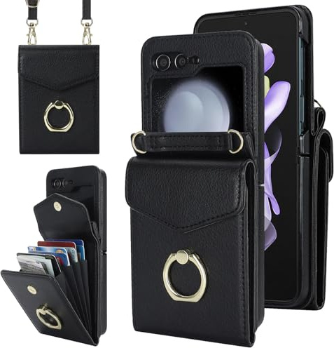 SINQERISHT Handykette Handyhülle für Samsung Galaxy Z Flip 7 FE/Flip 6 5G Wallet Hülle PU Leder Case mit Kartenfach, Brieftasche mit 360° Ring Ständer Klapphülle Magnetverschluss Cover(Schwarz)