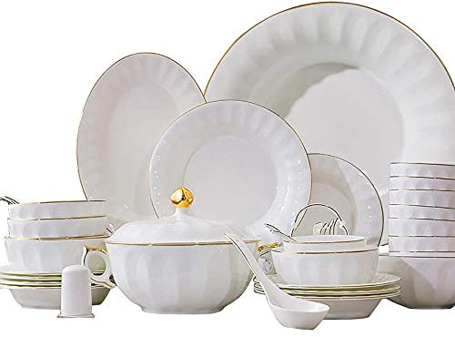 40 Pieces Bone China dinnerware Set, Kitchen White Porcelain Round Bowls Dinner Plates Dishes with Gold Rim chip Resistant Microwave Safe Service for 10