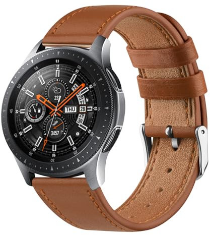 22mm Leather Strap Compatible With Samsung Galaxy Watch 46mm /Galaxy Watch 3 45mm /Gear S3 Frontier/Classic, Soft LeatherSport Wristband Replacement Straps For Men Women (22mm, Brown)