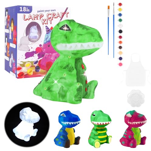 DAOUZL Bemalbare Dinosaurier Lampe mit Nachtlicht, DIY Malset Bastelset für Kinder ab 3-12 Jahre, Komplettset mit Farben & Schürze, Kreativ Geschenk für Mädchen und Jungen