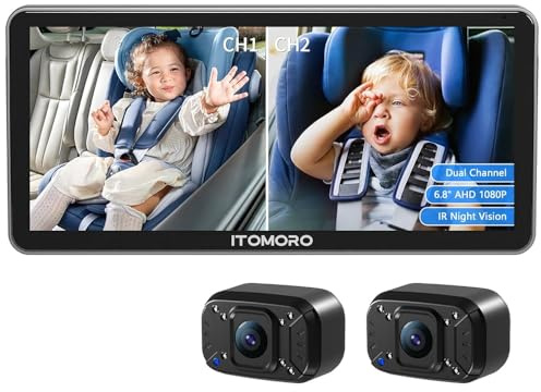 Itomoro Cámara de coche para bebés de doble canal de 6,8 pulgadas HD 1080P con cámara de visión nocturna de 2 infrarrojos, cámara de coche para bebé fácil de instalar con vista panorámica cristalina