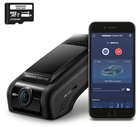 Thinkware U1000 Plus Dash Cam - 4K UHD 2160p Front Car Dash Camera with Built-in Wi-Fi & GPS, Super Night Vision & Hardwire Lead For Battery Safe Parking Mode - 64GB SD Card - Android/iOS App