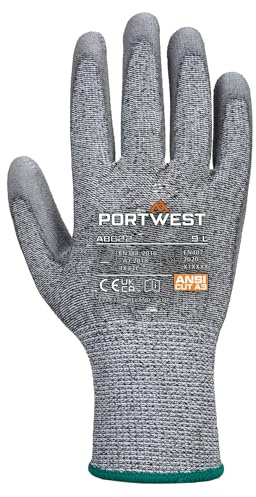 Portwest AB622 Cut C13 PU Work Safety Gloves Level C Cut Resistant 13 Gauge PU Coated Seamless Dexterity Contact Heat Protection (12 Pairs), Grey, L