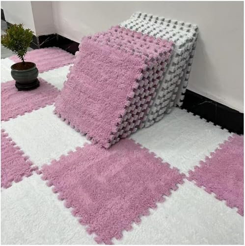 10 Stück Plüschschaum-Bodenfliesen, 12 x 12 Zoll, quadratische ineinander greifende Teppichfliesen mit Rand, weiche, Flauschige Schaumstoff-Puzzle-Bodenmatte (Rosa + Weiß)
